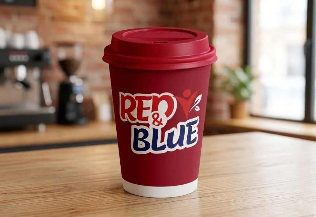 Red RED AND BLUE paper cup with a red lid